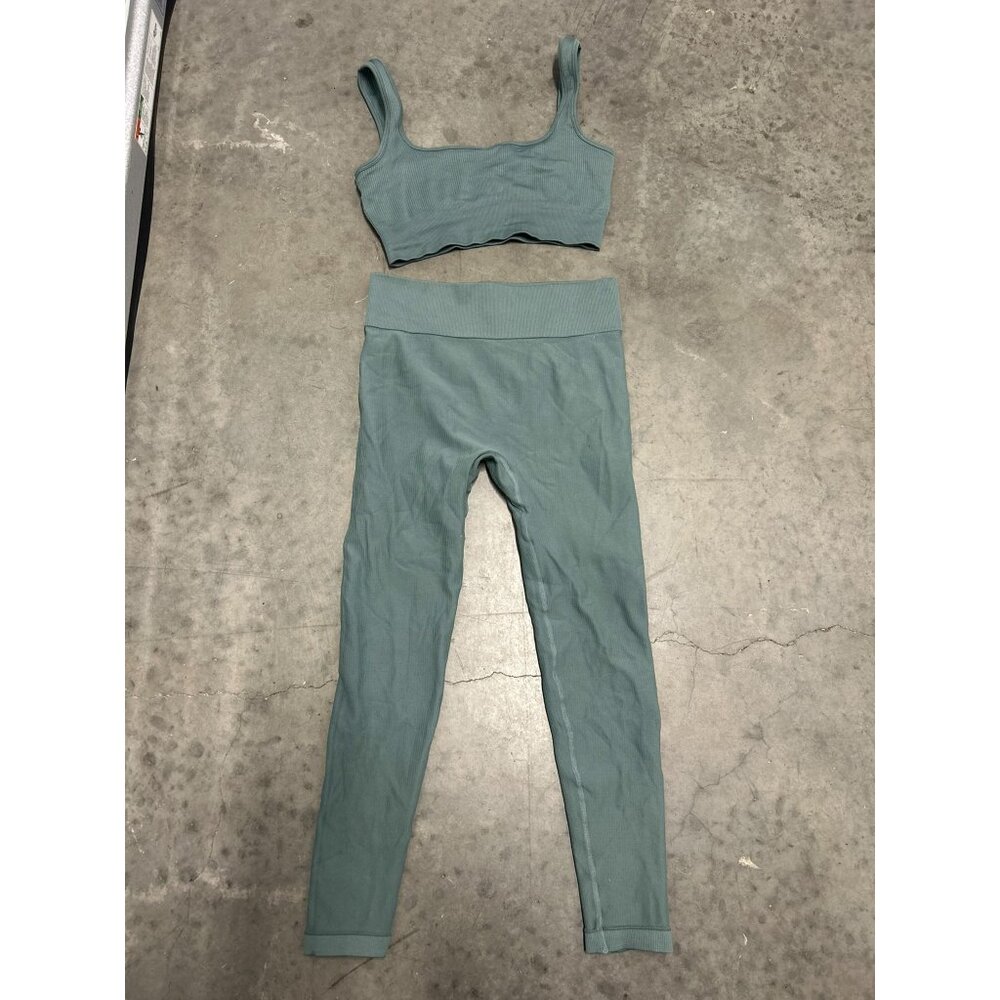 Seamless Ribbed Yoga Set Green Leggings Sports Bra Size L